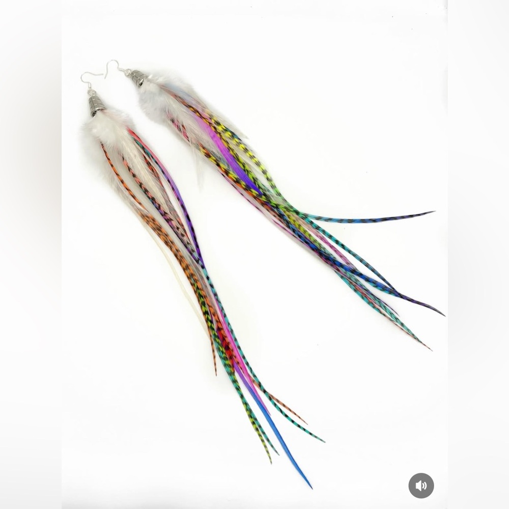 Extra Long White feather earrings with neon rainbow grizzly feathers